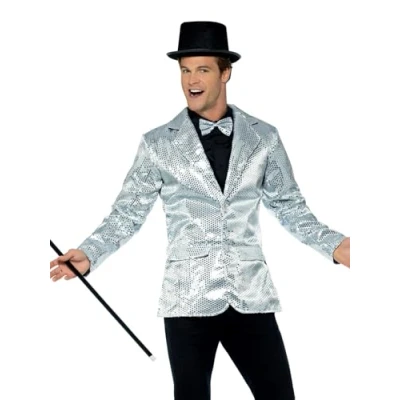 Image of Smiffys Sequin Jacket, Mens, Silver , Party &amp; Carnival Fancy Dress, Dress Up Costumes