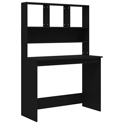 Image of vidaXL Black Engineered Wood Desk, Compact Study Writing Table with Shelves for Office and Bedroom, Modern Rectangular Design