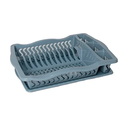 Image of Plastic Dish Drainer Rack Tray Cutlery Plate Cup Holder (Blue)