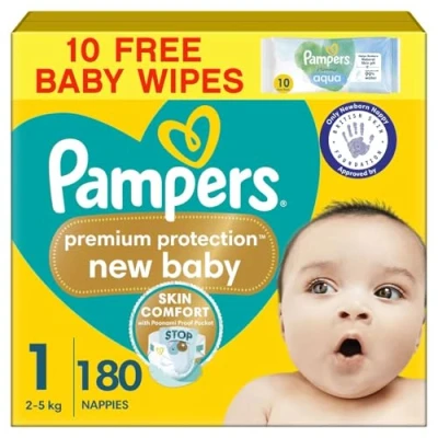 Image of Pampers Premium Protection New Baby Size 1, 180 Nappies, 2kg 5kg, Monthly Pack + Harmonie Aqua Wipes 10 Count, Packaging May Vary