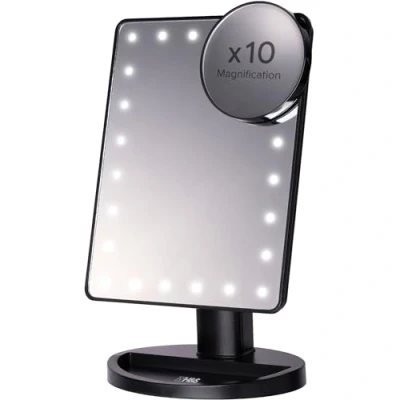 Image of H&amp;S Makeup Mirror with Lights Light Up Vanity for Dressing Table Bathroom Desk Battery Operated LED Includes Detachable 10x Magnifying Black