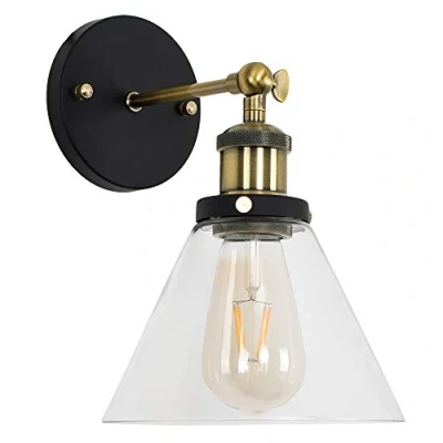 Image of MiniSun Industrial Steampunk Black and Gold Wall Light Fitting with a Clear Glass Conical Shaped Shade Complete 4w LED Filament Bulb [2700K Warm White]