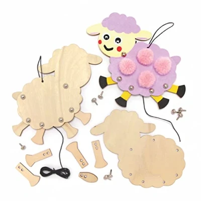 Image of Baker Ross Fluffy Sheep Wooden Puppets Pack of 3, for Kids (AX822)