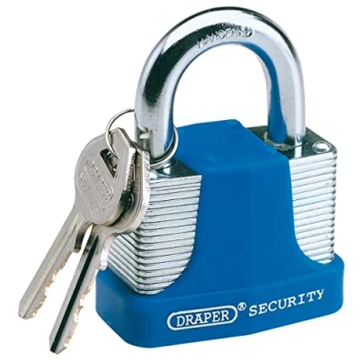 Image of Draper Laminated Steel Padlock and 2 Keys with Hardened Shackle Bumper, 65mm