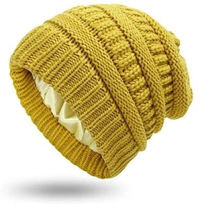 Image of XRDSS Women Warm Winter Hats Unisex Satin Lined Slouchy Cable Knitted Beanie Hat (Yellow)