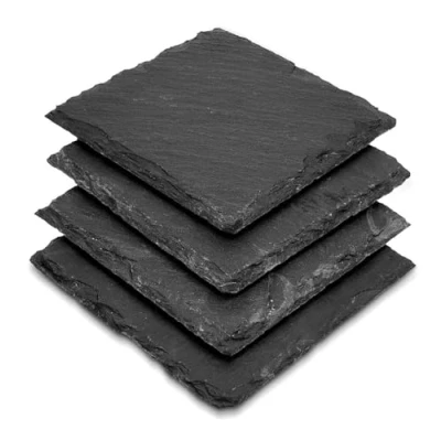 Image of apollo THE HOUSEWARES BRAND Slate Coaster Set 4 Square, 100% Natural Slate, Anti Scratch Foam Feet, Great Gift Idea, Size: 10x10x1cm, Black
