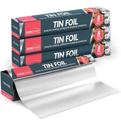Image of 4pk Tin Foil Roll 32M Aluminium Kitchen 8M x 29cm Non Stick for Wrapping, Grilling &amp; BBQ Tinfoil Dispenser Cutter Silver Cooking + SOL Sticker