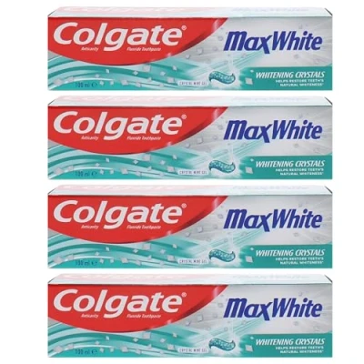 Image of 4 Pack Bundle Colgate Max White Toothpaste (4X 100ml) with Whitening Crystals. Crystal Mint Gel. a Hadco Bamboo Toothbrush Included.