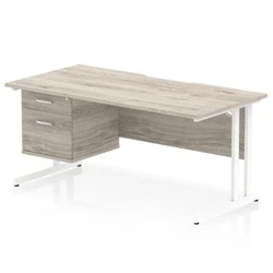 Image of Impulse 1600 x 800mm Scalloped Edge Office Desk Grey Oak Top White Cantilever Leg Workstation 1 2 Drawer Fixed Pedestal