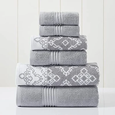 Image of Modern Threads 6 Piece Set, 2 Bath Towels, Hand Washcloths Yarn Dyed Jacquard/Solid Towel Set Charlize Stone