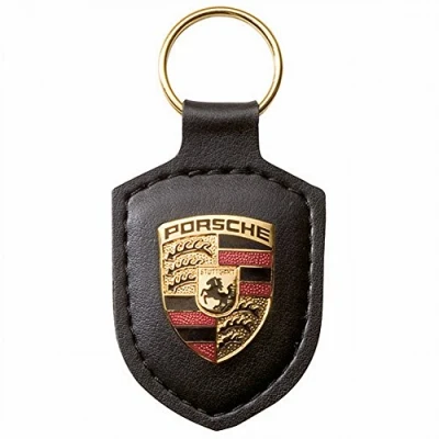 Image of Porsche Original Key Fob Black Leather with Metal Colour Crest in Presentation Box