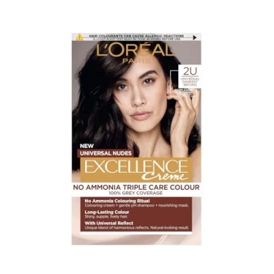 Image of L’Oréal Excellence Permanent Hair Dye Colouring Cream, 100% Grey Coverage, With Pro Keratin + Ammonia Free, Universal Nudes, 2U Darkest Brown