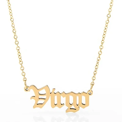 Image of Minegreet Old English Zodiac Necklace for Women, Horoscope Birth Star Sign Letter Astrology Constellation Birthday Gift (Virgo Gold)
