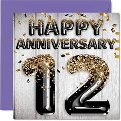 Image of Awesome Silk Anniversary Card for Husband Boyfriend Wife Girlfriend Black Gold Glitter Balloons Happy 12th Cards from Family, 145mm x Greeting Twelfth Anniversaries
