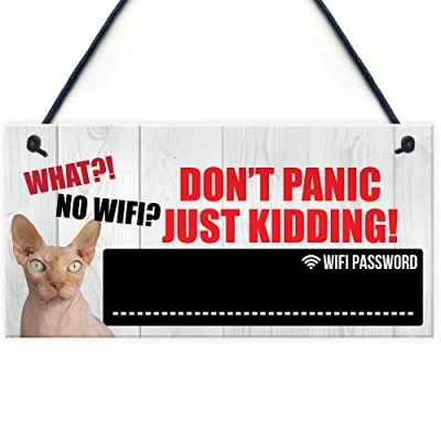 Image of RED OCEAN Funny Cat Don&#039;t Panic WIFI Password Home Internet Hanging Plaque House Gift Chalkboard Sign