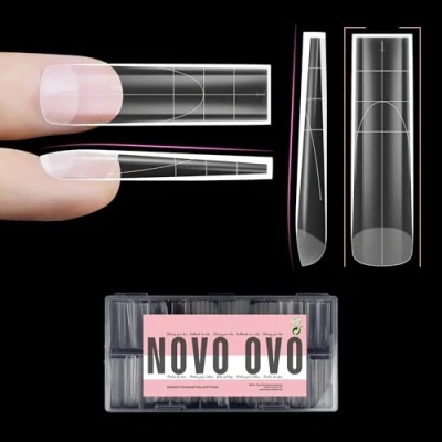Image of NOVO OVO XXL Sharp Square Natural (not Sculpted) Nail Tip, Extra Thick False Nails Press on, Full Cover Soft Gel Extension Fake Acrylic kit with XL L M French Tip Auxiliary Line x 15 Size 240pc