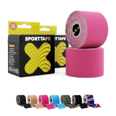 Image of 2 Rolls SPORTTAPE Kinesiology Tape 5cm x 5m Pink Physio &amp; Sports Injury Muscle for Knee Pain, Shoulder, Ankle Shin Splints Support Waterproof Hypoallergenic Kinetic