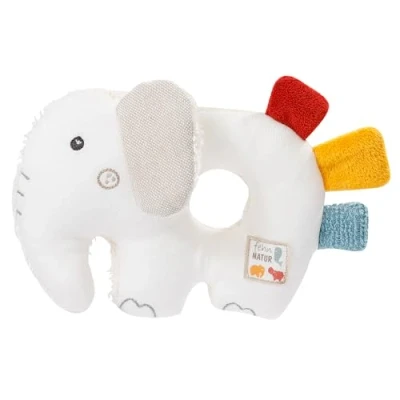 Image of Fehn 056075 Ring Gripper Elephant fehnNATUR Organic baby toy with rattle and rustling paper for babies toddlers from 0+ months Size: 14 cm