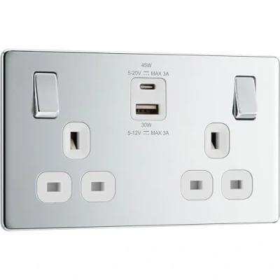 Image of BG Electrical Double Switched Power Wall Plug Socket with Super Fast Charge Type A and C USB Ports, Screwless, Flatplate, Polished Chrome, White Inserts, 13A, 45W, FPC22UAC45W