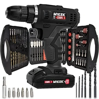 Image of MYLEK 18V Cordless Drill Electric Driver Set, Lithium Ion Battery, 18 Volt Combi Screwdriver Pack, Black, 131 DIY Piece Accessory Kit and Carry Case
