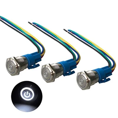 Image of QitinDasen 3Pcs Premium 12V/24V 5A Self locking Latching Push Button Switch, 16mm Car Ignition Starter White LED Light Stainless Steel IP67 Waterproof Switch with Socket Plug Wire