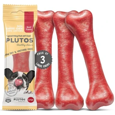 Image of PLUTOS Cheese &amp; Beef Healthy Dog Chew Bone Long Lasting Natural Chews Safe Dental Treats for Small Large Dogs Lactose Free, High Protein, Pack of 3