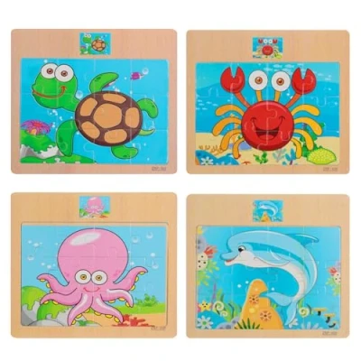 Image of ACQUWISTACH 12 Pieces Colourful Wooden Sea Animals Puzzle Educational Set for 2 5 Years（4 Puzzles）