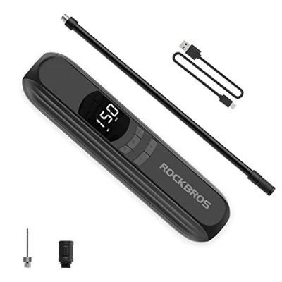 Image of ROCKBROS Bike Pump Tyre Inflator Portable Air Compressor with Pressure Gauge Rechargeable Bicycle Electric for Car, Bike, Motorcycle, Ball, Football, 2600mah Battery