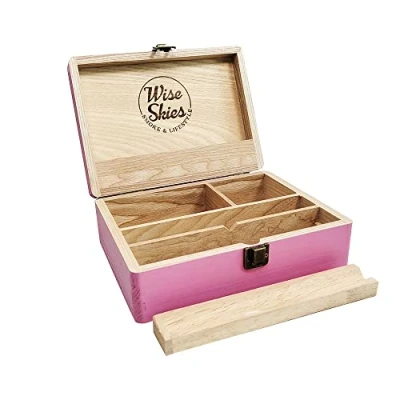 Image of Wise Skies Wooden Rolling Box Boxes with Hinged Lids Tray Storage (Large Pink)