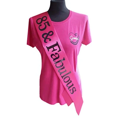Image of Gemini Ribbons Pink 85 and Fabulous 85th Birthday Sash Holographic Party Womens Mens Gift