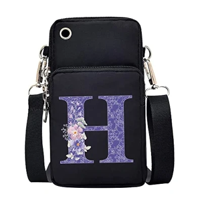 Image of FINDING CASE initial letter Printed Women Girls men Zipper Waterproof Nylon 3 Layers Crossbody Bags Wallet Cellphone Purse Shoulder Bag Wristlet Handbags Adjustable Strap (Purple flower H)