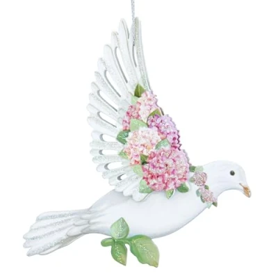 Image of Gisela Graham Pink Hydrangea Wooden Dove Decoration 10 Centimetre