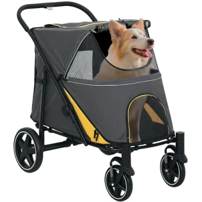 Image of PawHut Dog Pram Stroller Pet Pushchair with Adjustable Canopy for Medium and Large Dogs, Dark Grey