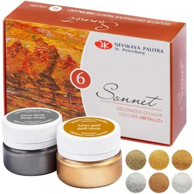 Image of Sonnet Excellent Quality Metallic Gouache Colours (6x20ml) Water Based in 6 Beautiful Pigment for Every Surface