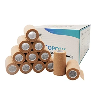 Image of GSPCARE Cohesive Bandage Wrap, 12 Rolls Non Woven Self Adhesive Wrap Strong Elastic Tape 10cm X 4.5m, Vet Kinselogy for Wrist Ankle Sprains Swelling (Skin Color)