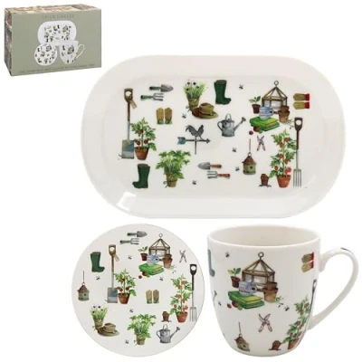 Image of Green Fingers Snack Set Ceramic Mug Cork Coaster and Serving Tray Garden Theme