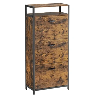 Image of VASAGLE shoe cabinet, high storage cabinet with 3 folding doors, open shelf, inner divider, in the hallway for 12 18 pairs of shoes, space saving, 60 x 30 130 cm, rustic brown and black