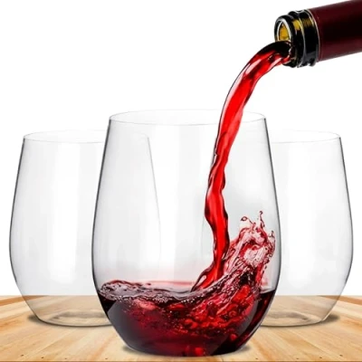 Image of BEEPOP 12oz Vino Set of 12, Light Weight, Unbreakable, Recyclable &amp; Crystal Clear BPA Free Plastic Stemless Wine Glasses