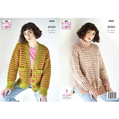 Image of King Cole 5862 Knitting Pattern Womens Striped Cardigan and Sweater in Fashion Aran, 32&#039;&#039; 42&#039;&#039;