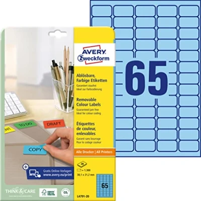Image of Avery Zweckform Labels 38.1 x 21.2 mm Removable Inkjet/Laser/Copier Blue