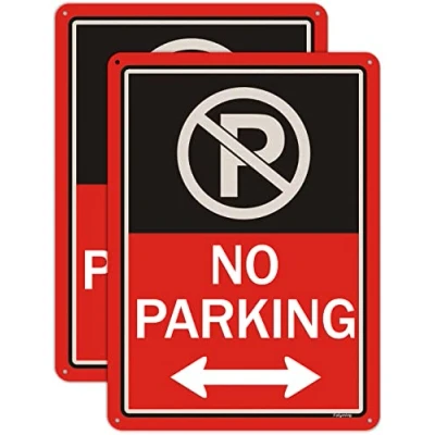 Image of 2 pack No Parking Signs With Arrow Symbol 10 x 7 Inches Metal Reflective Sturdy Rust Aluminum Weather Resistant Waterproof Durable Ink Easy to Install