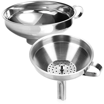 Image of COM FOUR® 2 Piece Funnel Set Made of Stainless Steel 304 with Sieve for Preserving Jars When Boiling jam Filler Neck (02 Pieces Mix)