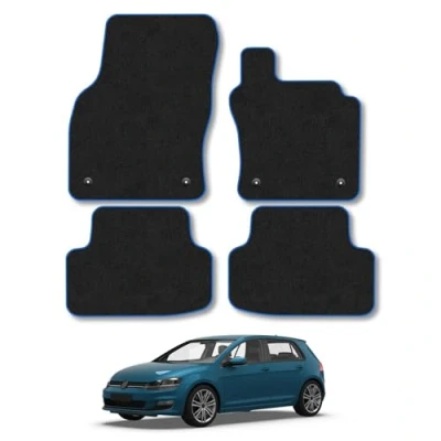 Image of Car Mats Compatible with VW Golf Mk7 (2013 2019) Tailored Fit Blue Carpet Floor Set Accessory Custom 4 Pieces Anti Slip Backing &amp; Binding Trim Edge