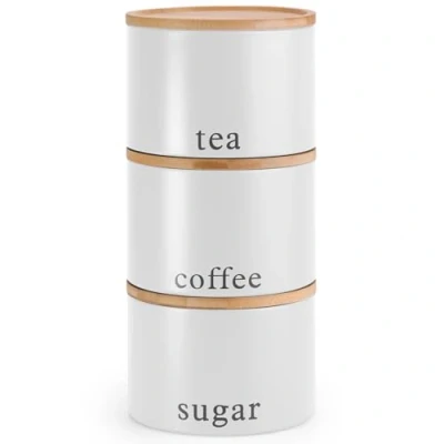 Image of EHC Tea, Coffee, Sugar, Canister Set, Set of 3 Stackable Airtight Food Storage Easy to Open Canisters Jars Tin, White