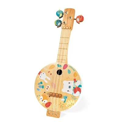 Image of Janod Wooden Pure Banjo Printed with Pretty Illustrations, Water Based Paint Bird Shaped Tuning Keys Imitation Toy 3 Spare Cords for Children from Years Old, J05160