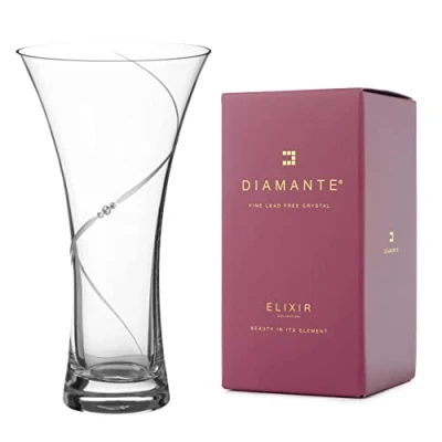 Image of DIAMANTE Swarovski Hollow Sided Trumpet Vase ‘Silhouette&#039; Crystal Flared Glass with Crystals 25cm
