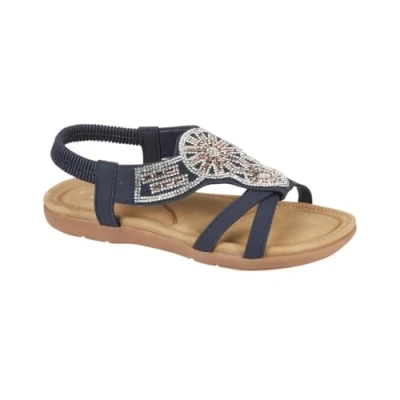 Image of Jo &amp; Joe Ladies Faux Leather Open Toe Sling Back T Bar Diamante Gem Stone Flat Gladiator Summer Sandals (Navy Aztec, UK Footwear Size System, Adult, Women, Numeric, Medium, 4)