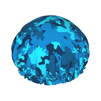Image of Blue Camouflage Shower Cap Waterproof Luxury Caps for Women Reusable Bath Hair Fashion Hat with Elastic Easy to Wear