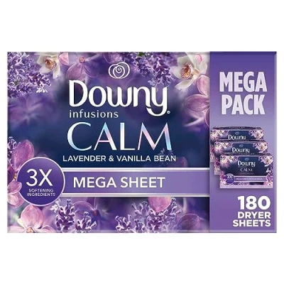 Image of Downy Infusions Mega Dryer Sheets, Laundry Fabric Softener, CALM, Lavender and Vanilla Bean, 180 Count