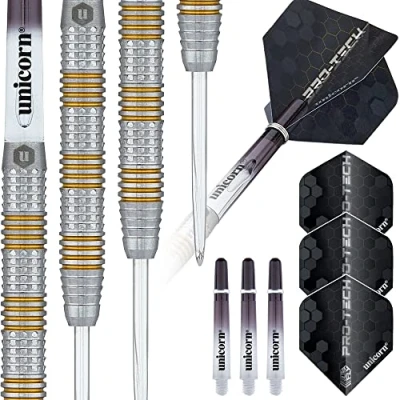 Image of Unicorn Steel Tip Darts Set Pro Tech Style 3 90% Natural Tungsten Barrels with Golden Accents &amp; Volute Points 23 g